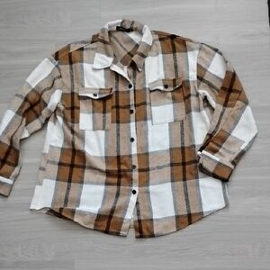 Women’s Plaid Button-Down Shirt Jacket - Tan & White